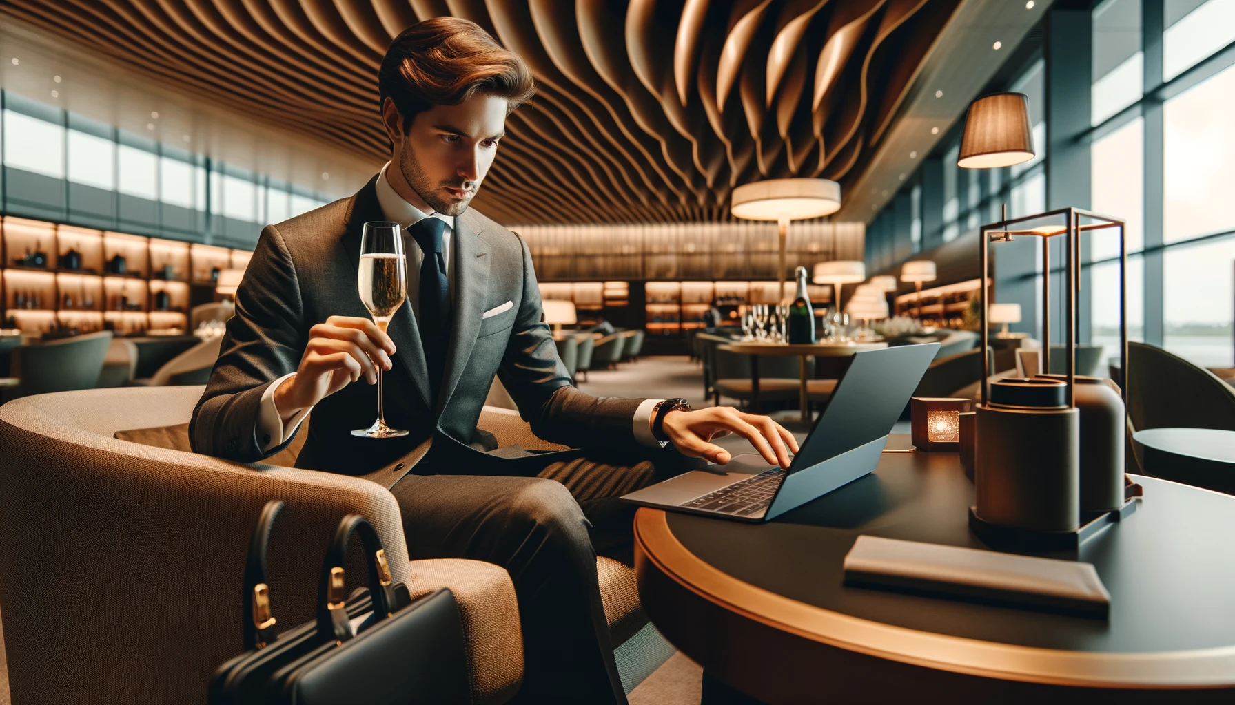 A business person working at a desk in an airport lounge while drinking champagne